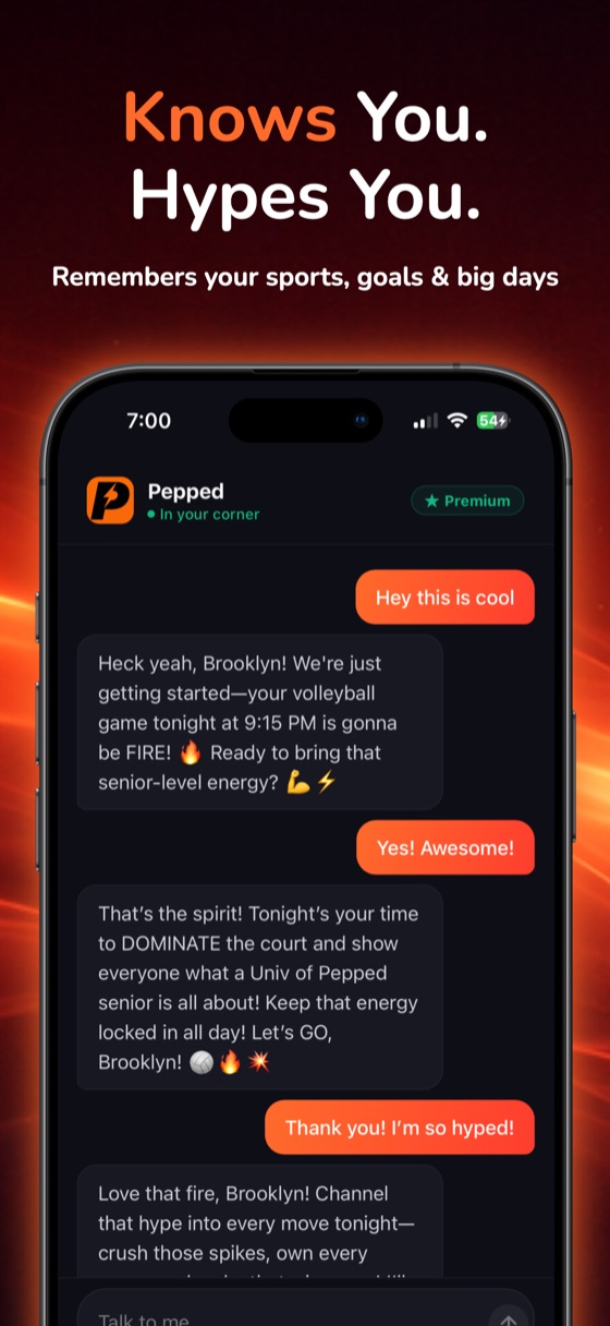 Pepped App Store screenshot: knows your sports, goals, and big days