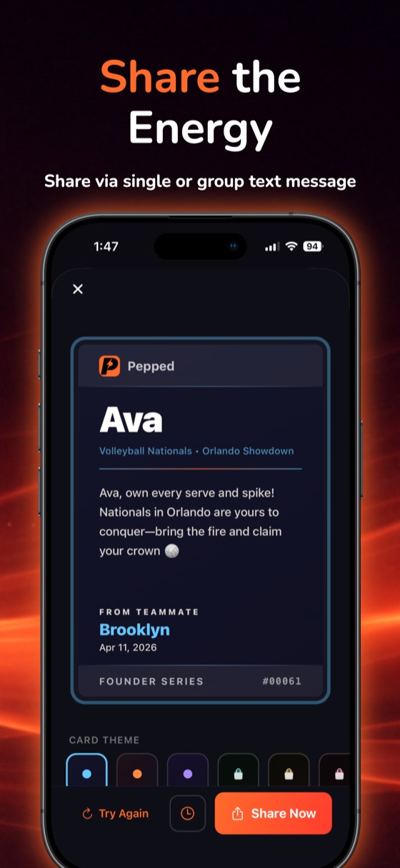 Pepped App Store screenshot: share pep cards by single or group text