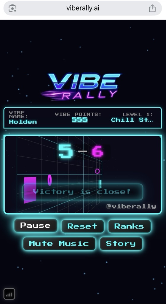 Vibe Rally gameplay: neon court, paddles, and HUD